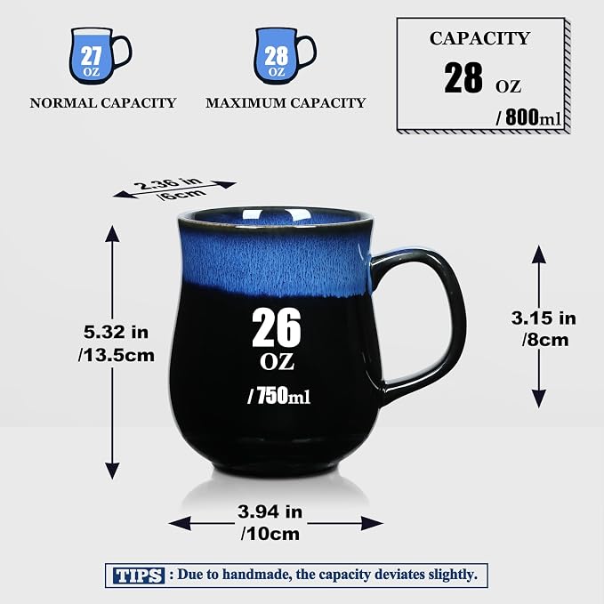 28 Oz Extra Large Ceramic Coffee Mug with Big Handle(Starry Blue) | Handmade Glazed Oversized Tea Cup for Office and Home, Microwave and Dishwasher Safe, Coffee Mugs for Hot and Cold Drinking - Image 2