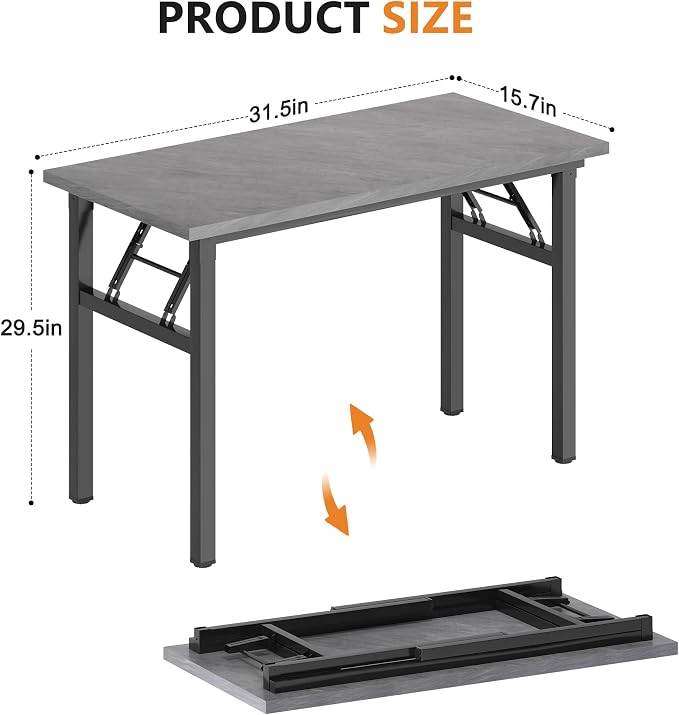 DlandHome 31.5 Inch Small Folding Computer Desk for Home Office, Grey | Foldable Writing Table for Small Spaces Bedroom, No Assembly Required, Wood Top Metal Frame, Collapsible Compact Easy Storage - Image 3
