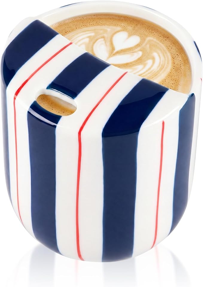 Ceramic Mug with Sip Hole 10 oz Novelty Deep Blue Red Striped Ceramic Coffee Mug Hand Painted Travel Mugs Heat Resistant Non Slip Built in One Lid for Coffee Lovers Appreciation Gift by Ferrochef