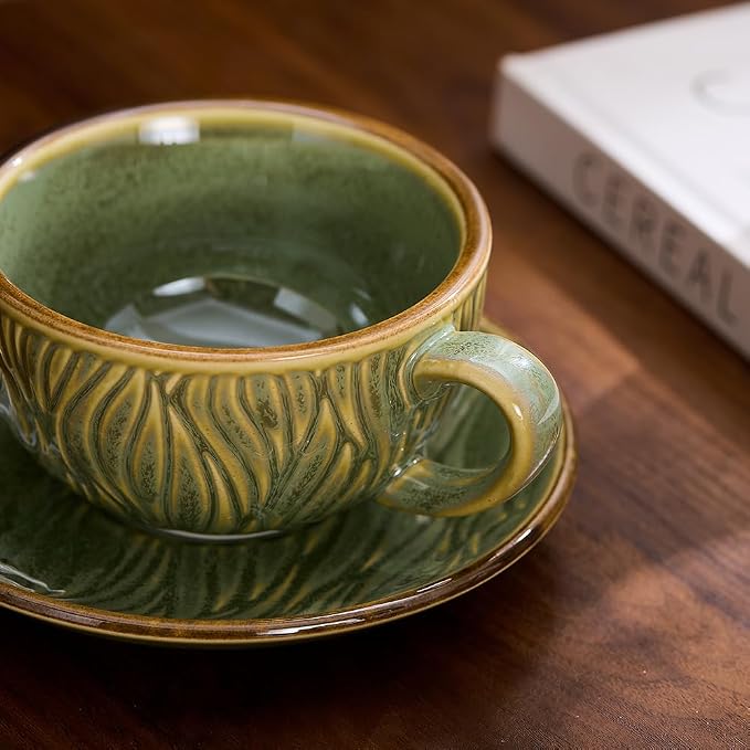 Coffeezone Vintage Design 12 oz Ceramic Latte Art Cappuccino Barista Cup with Saucer (Wave Green) - Image 3