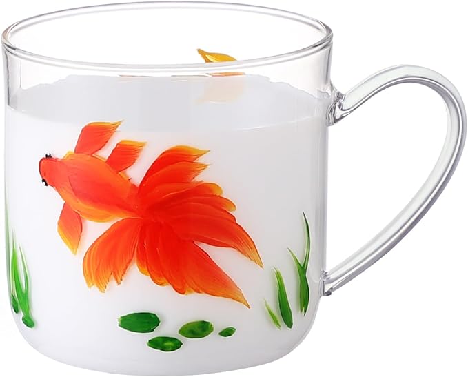 12oz/350ml Hand Painted Glass Cups With Handle,Clear Glass Coffee Cups,Coffee Glasses For Hot Beverages,Clear Mugs (Gold Fish)