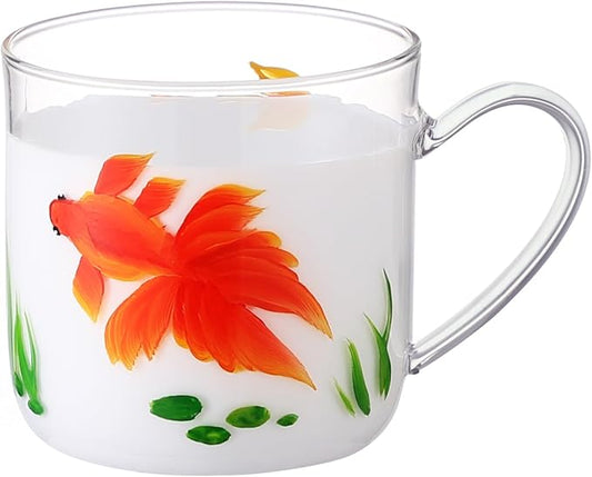 12oz/350ml Hand Painted Glass Cups With Handle,Clear Glass Coffee Cups,Coffee Glasses For Hot Beverages,Clear Mugs (Gold Fish)