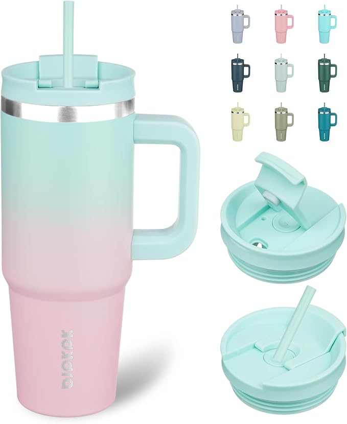 BJPKPK 30 oz Insulated Tumbler with Handle & Straw, Stainless Steel | Double Wall Vacuum Insulation, Leak Proof, BPA Free, Dishwasher Safe, Cupholder Friendly, Travel & Outdoor, Bubble Gum by BJPKPK