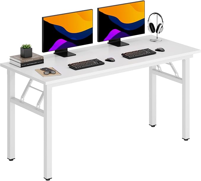 DlandHome 59.8 Inch Large Folding Computer Desk, Fully Assembled, White | Foldable Writing Table, Portable Activity Conference Table for Home Office, Wood Top Metal Frame, Collapsible Easy Storage by DlandHome