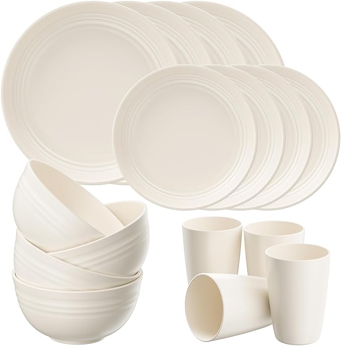 Quatish 16 Piece Plates and Bowls Sets for 4, Unbreakable Dinnerware Sets, Plastic Dish Set for Camping, Dishwasher Microwave Safe, Outdoor Kitchen and Apartment Dorm Dinning RV Essentials, Beige by Quatish