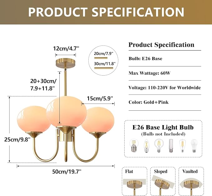 Pink Globe Chandelier for Girls Room Mid Century Modern 3 Light Pendant Lights Vintage Gold Semi Flush Dining Room Light Fixture Retro Pink Ceiling Lamp - Image 2