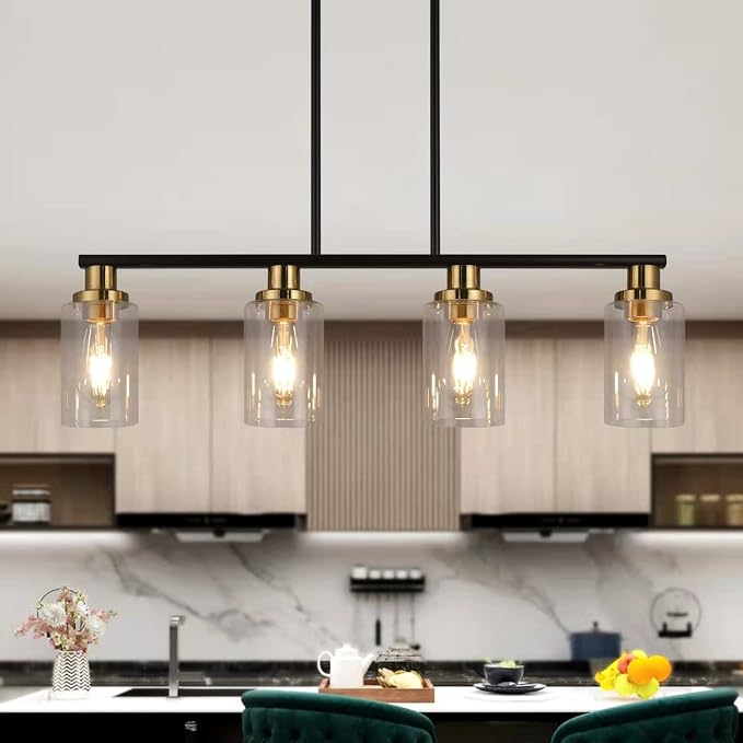 Island Lights for Kitchen, 4-Light Farmhouse Dining Room Light Fixtures Over Table, Matte Black and Gold Linear Chandeliers for Dining Room，Industrial Pendant Lighting with Clear Glass Shade by KPIOK