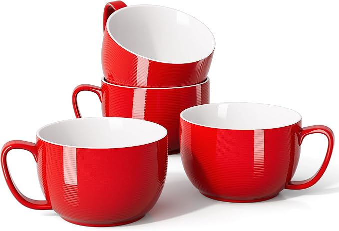 Teocera Red Mugs Set of 4, 24oz Jumbo Mugs, Large Coffee Mugs for Coffee, Hot Cocoa, Tea - Striped Design - Microwave Safe, Christmas Gift by Teocera