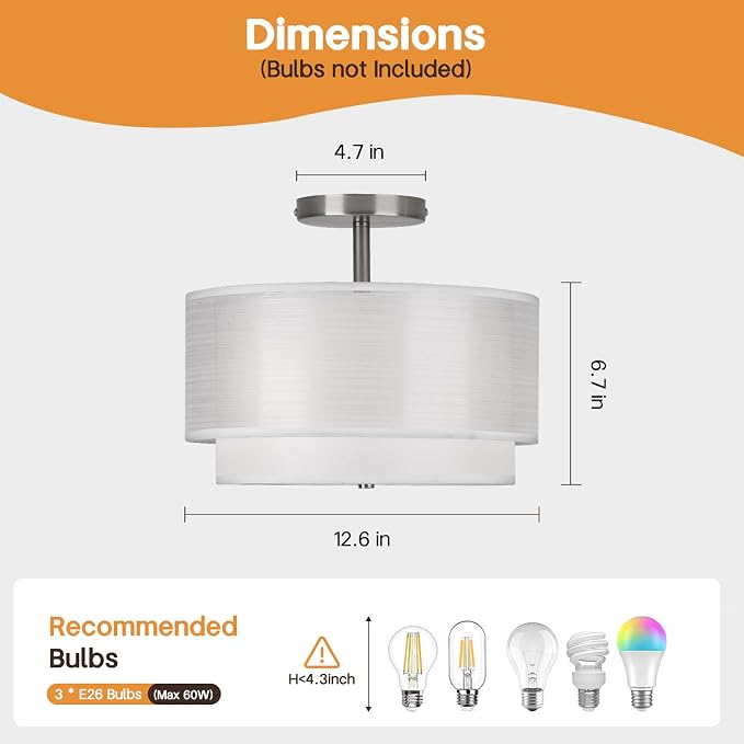 Semi Flush Mount Ceiling Light Fixture,Bedroom Ceiling Lights,12.6'' Light Fixtures Ceiling Mount,Drum Light Fixture,3-Light Modern Close to Ceiling Lamps for Living Room Dining Room Kitchen Entryway - Image 2