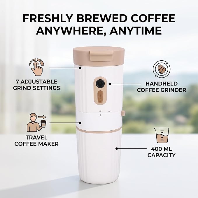 Portable Coffee Maker with Grinder 7 Settings | Travel Mini Brewing Machine, 400ml Capacity, 1500mAh Battery, for Home Camping Office - Image 6
