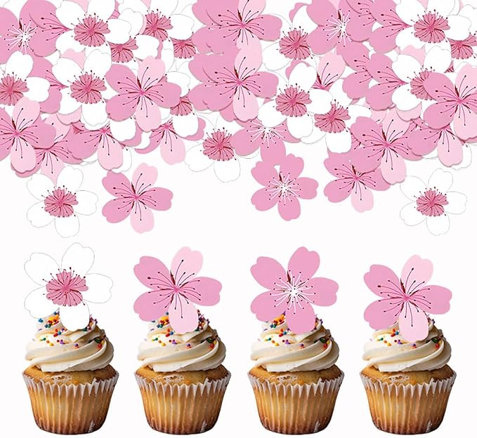 Edible Cherry Blossom Cupcake Toppers – Wafer Paper Flower Cakes Cupcakes Decorations White Pink Edible Flowers for Baby Shower Kids Birthday Spring Party Celebration Supplies (Cherry Blossom-A) by KSINWCOI