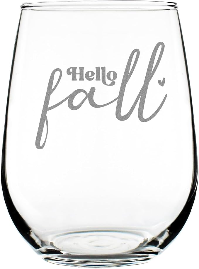 Hand Etched Hello Fall Stemless Wine Glass 17oz, Cozy Autumn Drinkware, Seasonal Glassware, Thanksgiving Hostess, Decor Accent by Make+Your+Mark+Design