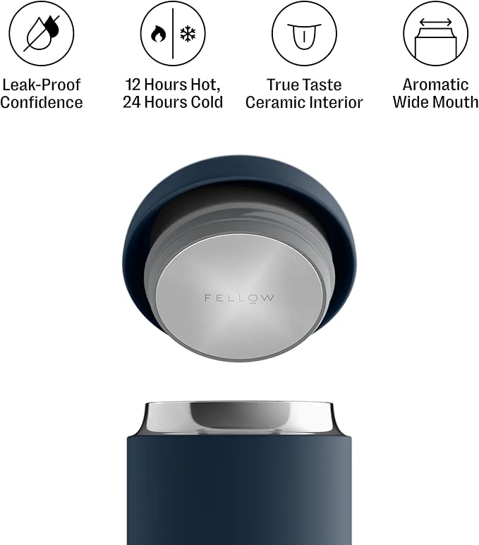 Fellow 16 oz Carter Wide Travel Mug - Wide Mouth Vacuum-Insulated Stainless Steel - Tea and Coffee Tumbler - Travel Coffee Mug with Ceramic Interior - Stone Blue
