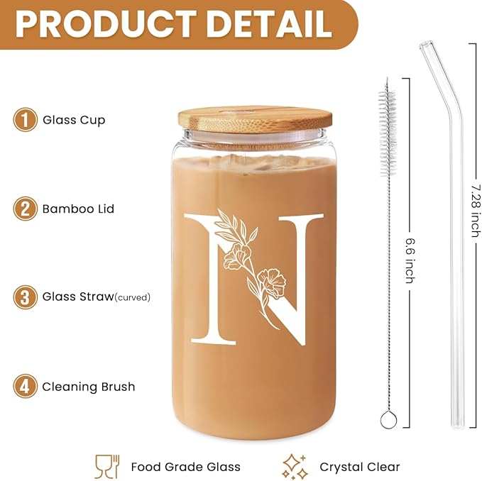 SANDJEST Monogrammed Gifts for Women - Monogram N Initial Glass Cup 16 Oz Can Coffee Cups with Lid and Straw - Monogram Initials Gifts for Womens on Birthday