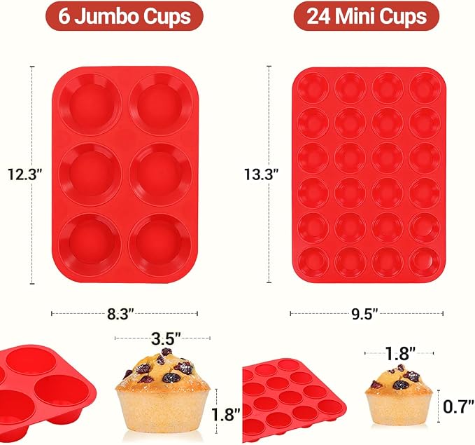CAKETIME Silicone Muffin Pans for Baking, 2 Packs Jumbo 6 Cups and Mini 24 Cups for Baking Muffins, Cupcakes, Egg Bites, and Frittatas - Image 2