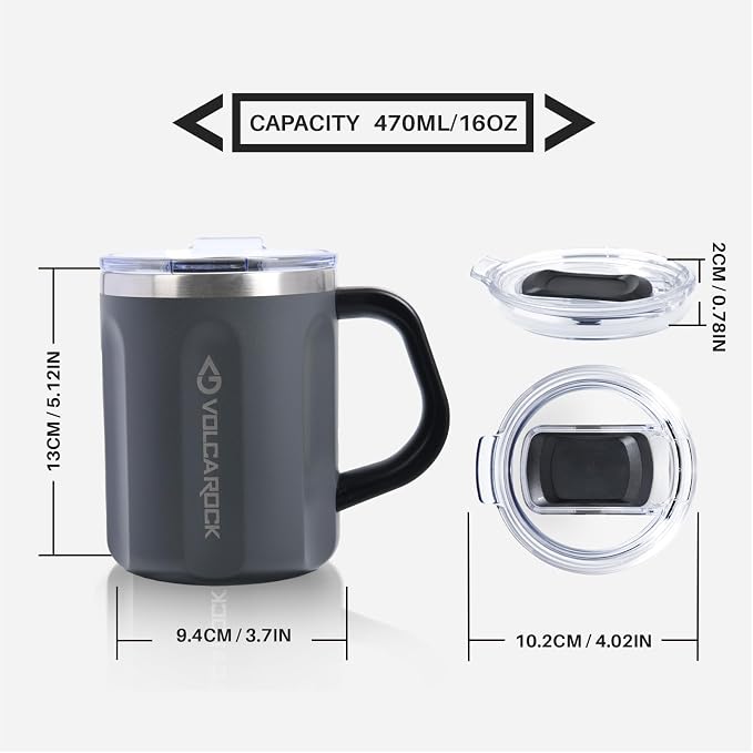 Stainless Steel Coffee Mug Cup with Handle, 16 oz Double Wall Vacuum Insulated Travel Mug Tumbler With Slider Lid, Insulated Camping Tea Flask for Hot & Cold Drinks (Grey) - Image 9