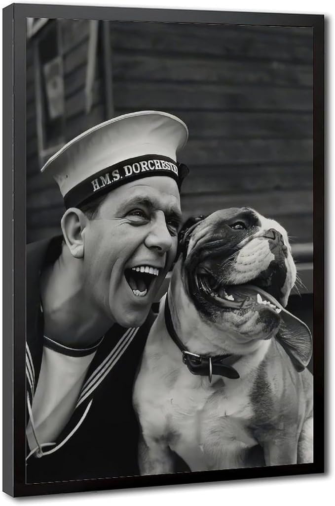 Sailor And Bulldog Smiling, Vintage English Black And White , Funny Dog Poster Canvas Poster Wall Art Decor Print Picture Paintings for Living Room Bedroom Decoration Black Frame 12x18in(30x45cm) by Unknown