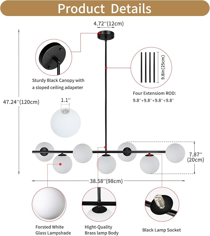 Modern Linear Chandelier 7-Light, Mid Century Black Globe Pendant Light for Dining Room, Kitchen Island Lighting Fixtures Ceiling, Bubble Glass Chandelier over Table for Living Room, Foyer, Bedroom - Image 7