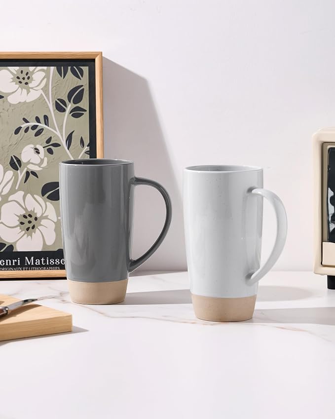 famiware Milkyway Coffee Mugs, 20oz Large Coffee Mug, Ceramic Mug Set of 2 with Lid, Cup Set with Handle for Latte, Tea, Cocoa, Milk, Home & Office, Light Gray and Dark Gray - Image 2