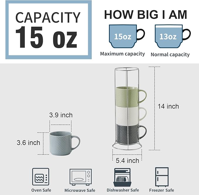 HASENSE Coffee Mugs with Metal Stand,15 oz Ceramic Stackable Mug Set Embossed Latte Cup, Ceramic Coffee Cups with Handle for Cappuccino and Tea, Multi Color - Image 2