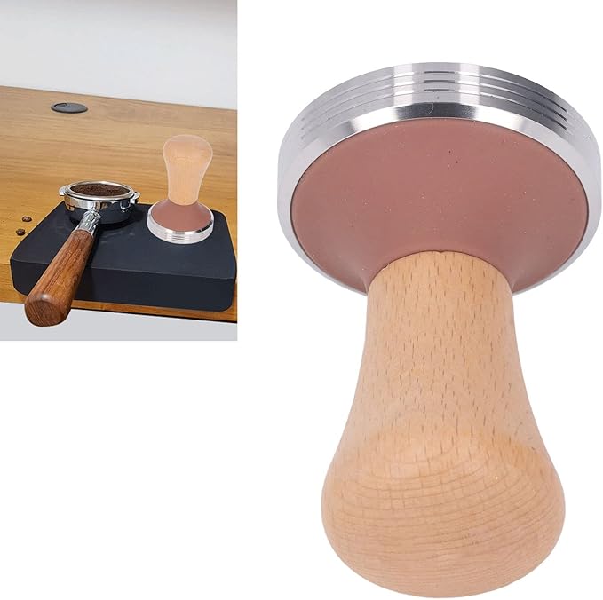 Beech Wood Coffee Tamper, Wooden Handle, Coffee Powder Press, Hammer Mill with Stainless Steel Base for Barista Beginners (58mm)