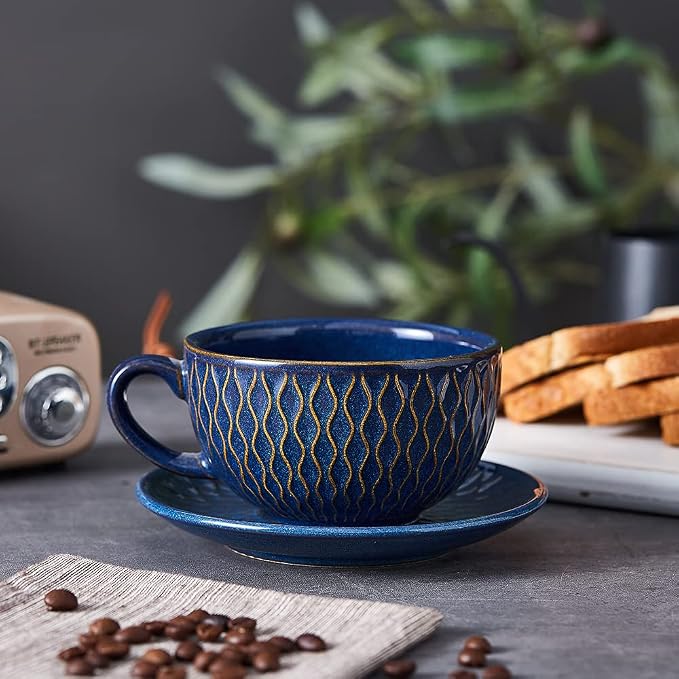 Coffeezone Vintage Design 12 oz Ceramic Latte Art Cappuccino Barista Cup with Saucer (Embossed Blue) - Image 4