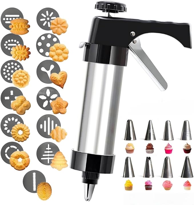 Spritz Cookie Press Gun Kit,13 Cookie Discs+8 Icing Nozzles Perfect for DIY Christmas Cookies and Decorating Cookies,Gifts for Wome(Comes with Cleaning Brush)（black)