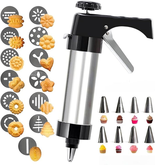 Spritz Cookie Press Gun Kit,13 Cookie Discs+8 Icing Nozzles Perfect for DIY Christmas Cookies and Decorating Cookies,Gifts for Wome(Comes with Cleaning Brush)（black)