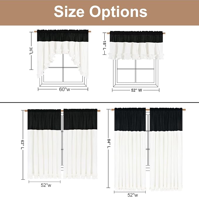 Likiyol Linen Swag Curtains Farmhouse Ruffle Valances for Windows Rustic Country Window Valances Light Filtering Kitchen Curtains Rod Pocket Valance for Bathroom Cafe, Black White, 60" W x 36" L - Image 9