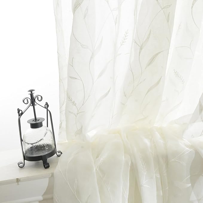 Semi-Sheer Elegant Embroidered Solid White Rod Pocket Window Sheer Curtains/Drape/Panels/Treatment 54 x 84,Two Panels - Image 2