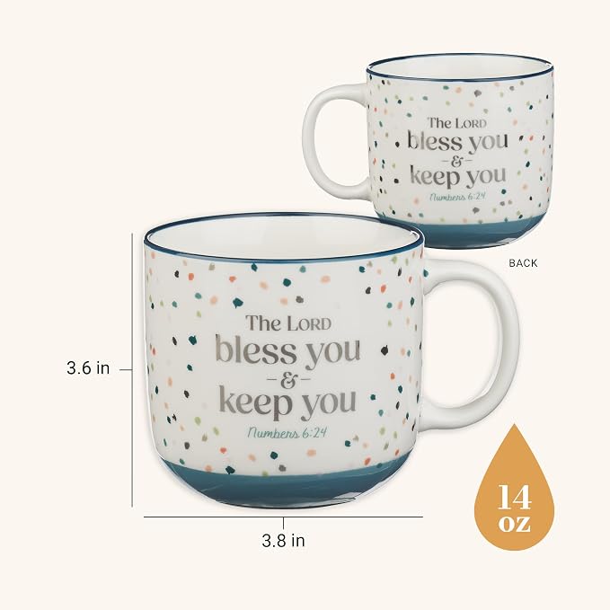 Christian Art Gifts Large Inspirational Ceramic Coffee & Tea Scripture Mug for Women & Men: Lord Bless You & Keep You Encouraging Bible Verse Novelty Cup, Multicolor Confetti Theme, White/Blue, 14 oz. - Image 2