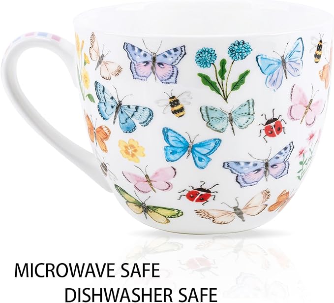 Colorful Butterfly Mug - 20oz Bone China Coffee Tea Hug Mug with Multicolor Butterflies, Ladybugs, Bees & Blooms, Perfect Gifts for Mom Women Mothers Day, Designed in England by Harvest Green Studio - Image 4