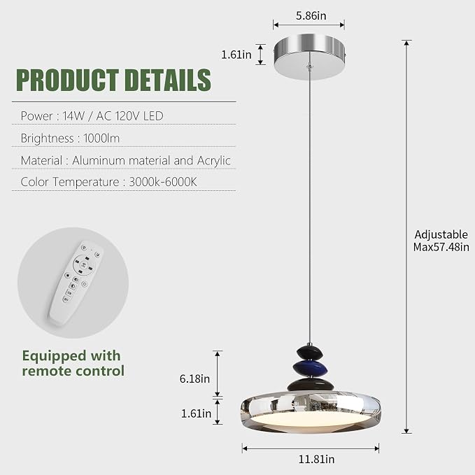 Modern Pendant Lights,Chrome 12" LED Pendant Lighting Fixture with Remote Control Dimmable 3 Color Mode & Brightness, Adjustable Hanging Lamp for Kitchen Dining Room Bedroom Kitchen Island - Image 2