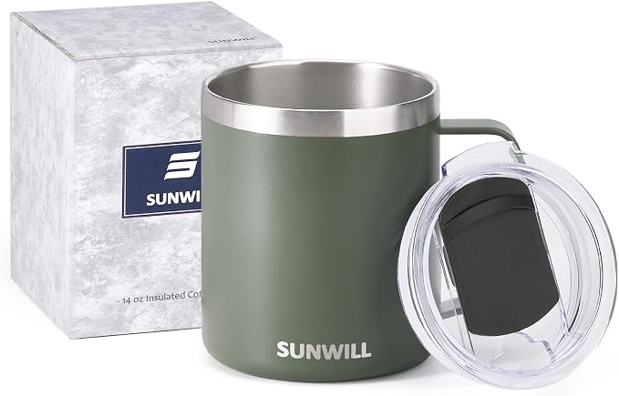 SUNWILL Travel Coffee Mug with Lid, Insulated Tumbler with Handle, 14 oz Stainless Steel Cup for Home, Office, Camping, Powder Coated Camp Green - Image 5