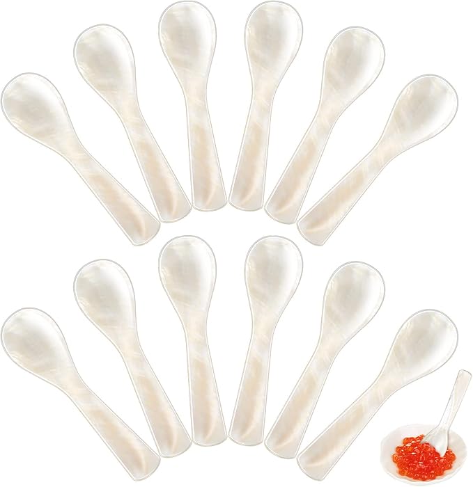 Caviar Spoons Mother of Pearl Mop Spoons with Hand Craft W Round Handle for Caviar, Egg, Ice Cream, Salt, Coffee Serving, Restaurant Serving Set(12 Pieces,3.55 Inch)