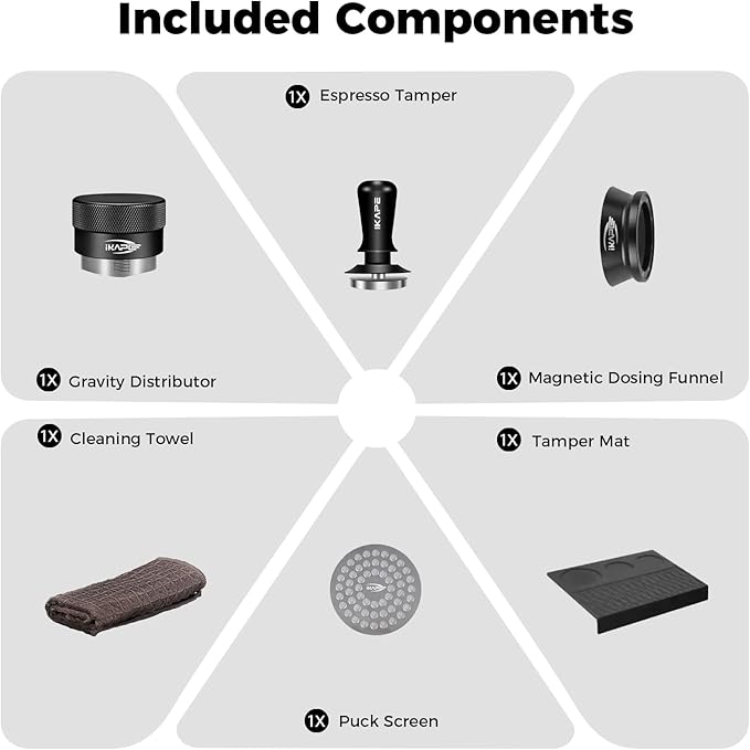 IKAPE 53MM Coffee Tamper Set Black 6 IN 1, Espresso Tool Kit for Making Perfect Shots – Tamper, Distributor, Funnel, Mat, Screen, and Towel