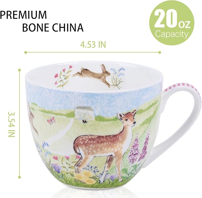 20 oz Deer & Wildflower Coffee Mug, Premium Bone China Cottage Garden Coffee Cup with Rabbit & Butterfly, Thoughtful Gifts for Mom Women Mothers Day, Designed in England by Harvest Green Studio - Image 2