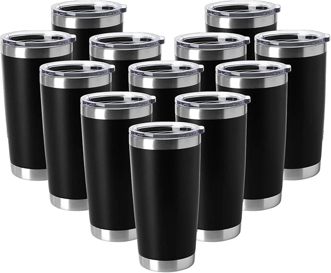 HASLE OUTFITTERS 20oz Tumblers Stainless Steel Mugs with Lid Double Wall Vacuum Insulated Coffee Cups for Cold & Hot Drinks (20oz-Black, 12 Pack) by HASLEOUTFITTERS