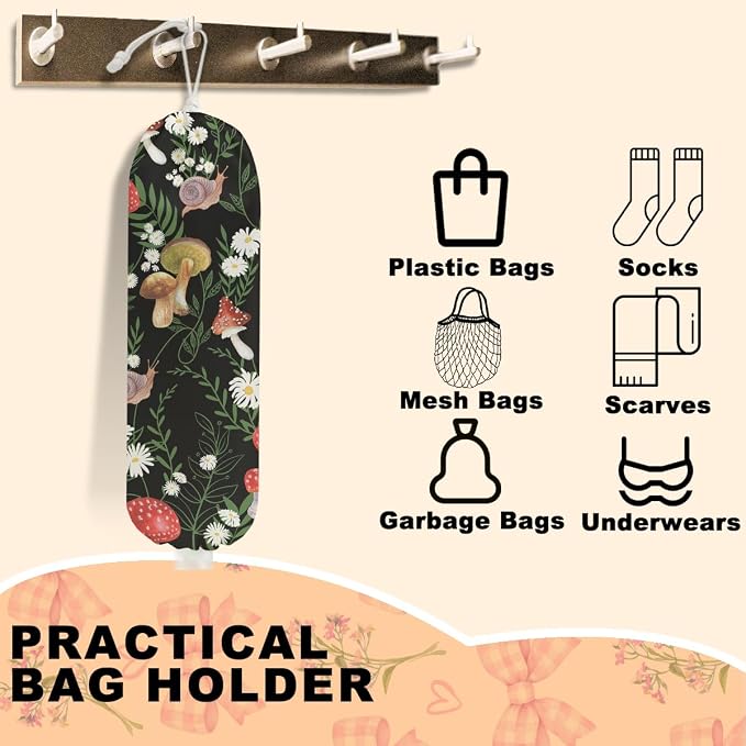 Vibrant Mushroom Plastic Bag Holder for Kitchen Essentials Storage | Snail Floral Grocery Bag Holder for Plastic Bags, Washable Shopping Bags Storage Dispenser Mushroom Gifts for Women - Image 3