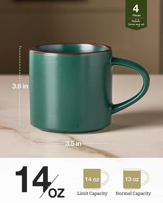 famiware Coffee Mugs Set of 4, Nebula 14oz Coffee Mugs, Ceramic Cup Set with Handle for Latte, Tea, Milk, Cappuccino, Cocoa, Dark Green - Image 5