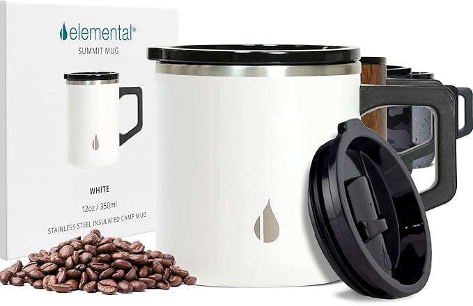Elemental Insulated Coffee Mug - Triple-Wall Stainless Steel Summit Travel Cup for Hot and Cold Drinks - Thermal Coffee Mug with Lid and Handle for Camping, Office & Travel 12oz - White - Image 7