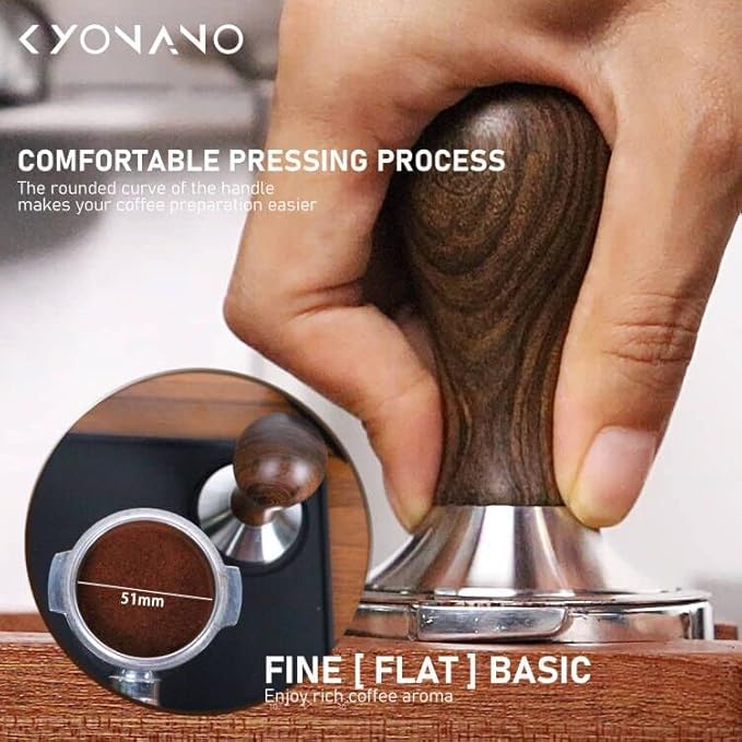 KYONANO Espresso Accessories - Espresso Tamper 51mm - Tamper with Chacate Preto Wood Handle -Coffee Tamper Plus Milk Frothing Pitcher 350ml, Silicone Tamper Mat -Tamper fits 51mm Delonghi Portafilter