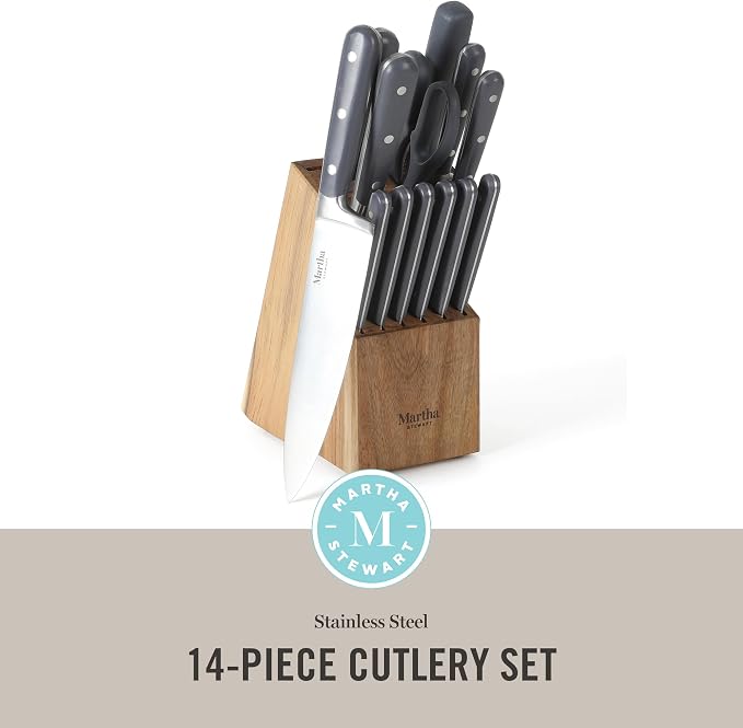 MARTHA STEWART Eastwalk 14 Piece High Carbon Stainless Steel Cutlery Knife Block Set w/ABS Triple Riveted Forged Handle Acacia Wood Block - Gray - Image 2