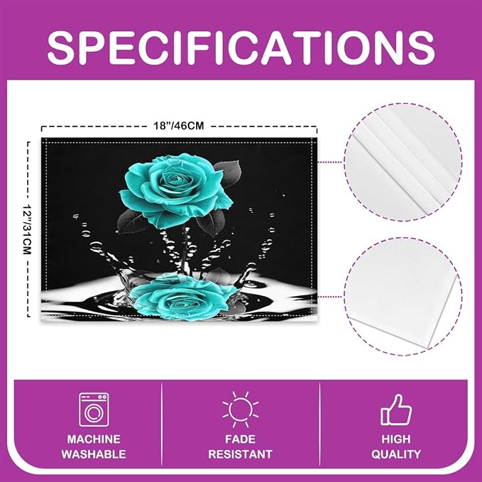 Feelyou Teal Rose Table Place Mats Romantic Floral Blossom Placemats Set of 4 for Boys Girls Black Teal Placemat for Kitchen Dining Table for Lover Indoor Outdoor Decor Table Mats 18"x12" - Image 4