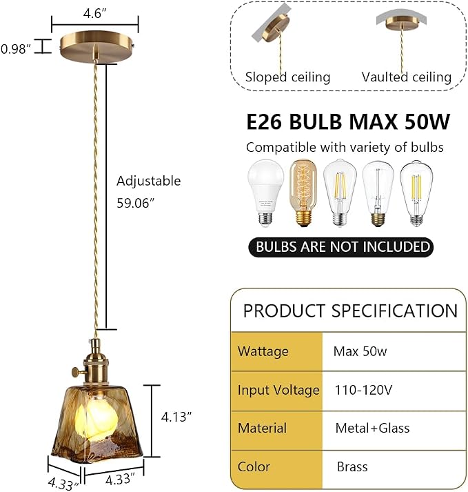 Sedelan Glass Pendant Light, Brass Vintage Pendant Lights, E26 Rustic Pendant Hanging Lamp for Kitchen Island Dining Room Living Room Bedroom Bathroom - Image 6