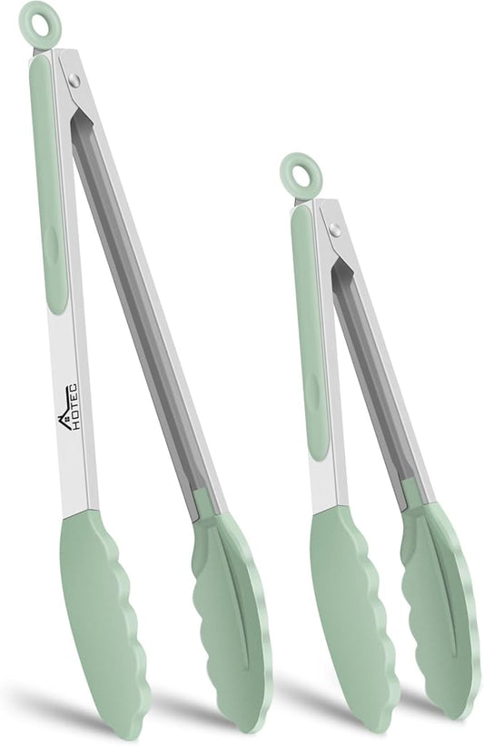 HOTEC Premium 7 & 9 Inch Kitchen Tongs, Stainless Steel Locking Cooking Tongs with Silicone Tips, Non-Scratch & Heat Resistant, Serving Tongs for Salad, BBQ, Light Green, Set of 2 by Hotec