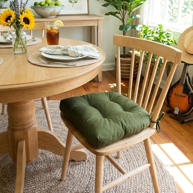 Barnett Home Decor Extra-Thick Dining Chair Pad with Ties - Solid Color Cotton Duck - Reversible, Latex Fill, Tufted Cushion - Boxwood Green - Image 2