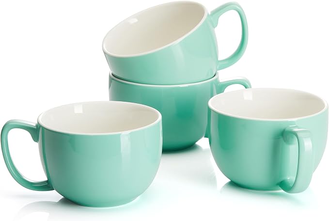 Teocera 16oz Large Coffee Mugs Set of 4 - Thick Mint Green Porcelain Cups for Cappuccino, Latte, Tea & Hot Chocolate - Dishwasher Safe Ceramic with Comfort Grip Handles by Teocera