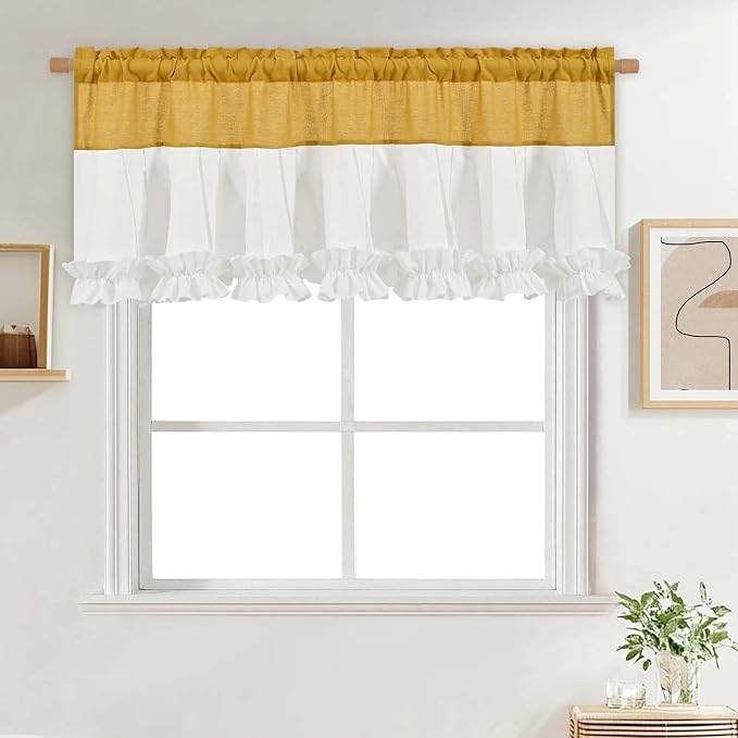 Likiyol Linen Valances for Windows Farmhouse Window Valances with Ruffle Rustic Country Light Filtering Kitchen Valance Curtains Rod Pocket Valance for Bathroom Cafe, Yellow White, 52" W X 18" L - Image 8