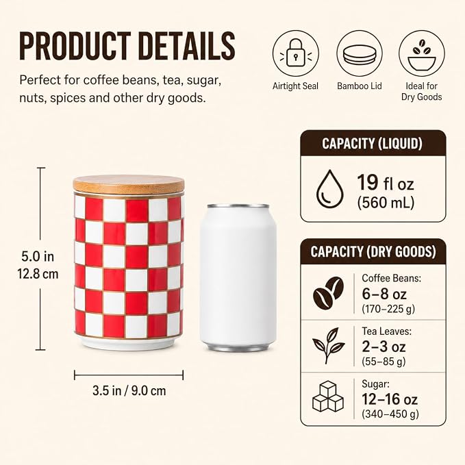 Kitchen Countertop Ceramic Checkered Canisters,Black And White Food Storage Containers With Lid,Airtight Kitchen Canisters for Flour, Sugar, Coffee, Tea, and Dry Goods (Red, Small) - Image 3